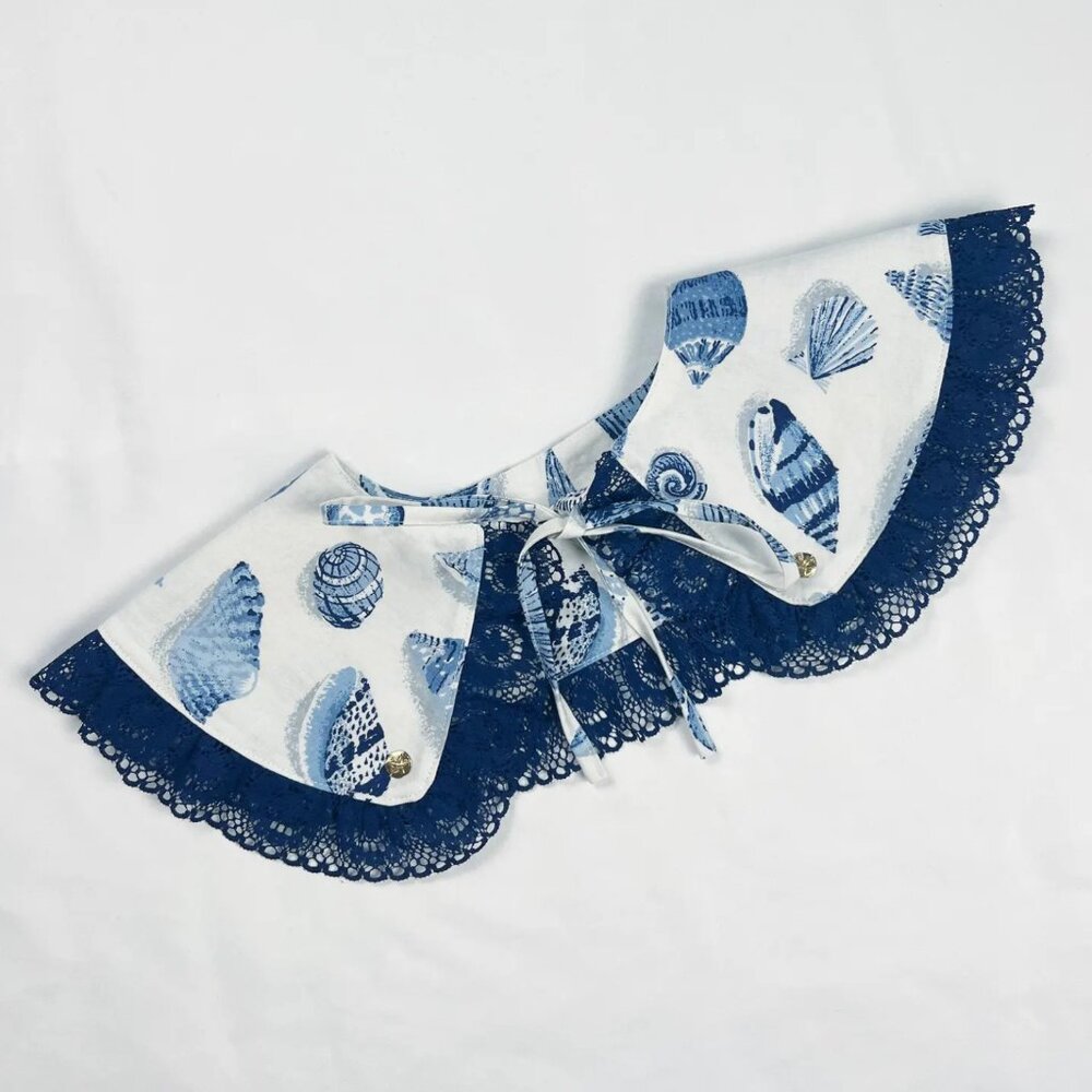Nautical Detachable Collar – Seashell Print with Navy Lace Trim